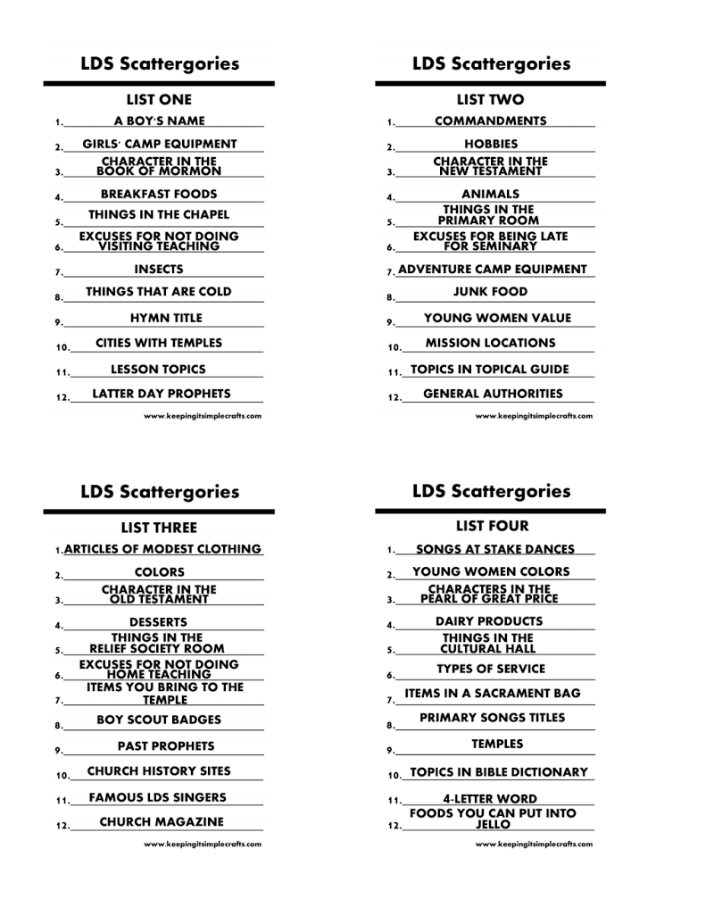 scattergories list generator 4th grade